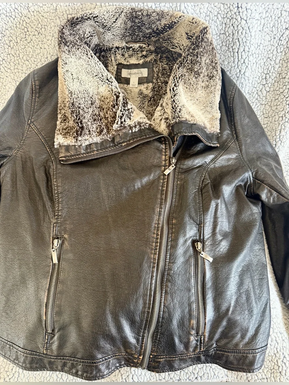 dressbarn Dark Brown Leather Jacket with Faux Fur Shawl Collar - Picture 2 of 11